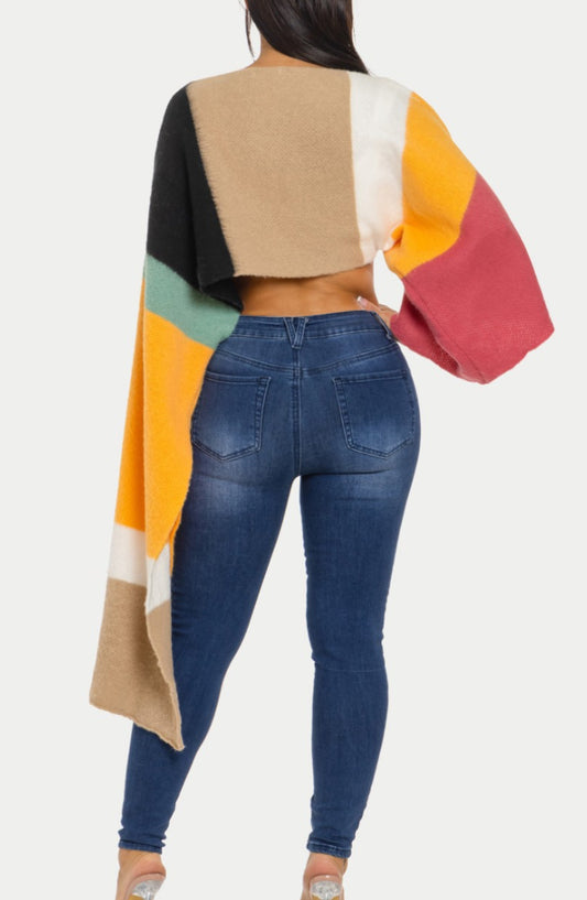 Cropped Sweater One Long Sleeve - Orange Multi