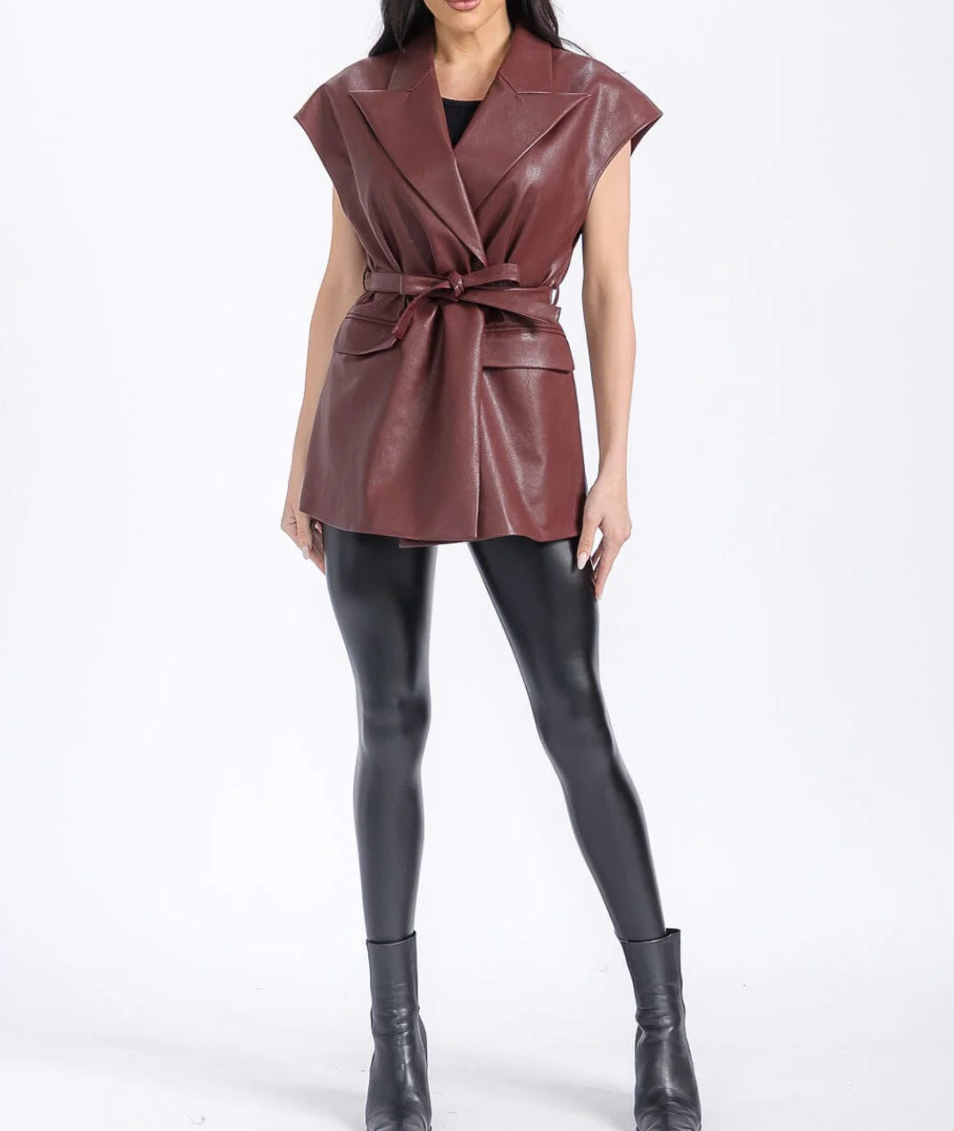 Sleeveless Faux Leather Vest - Wine