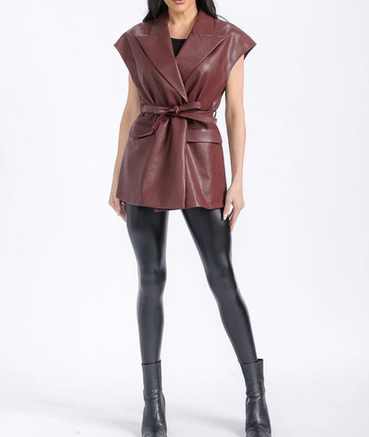 Sleeveless Faux Leather Vest - Wine