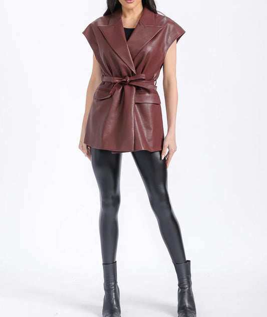 Sleeveless Faux Leather Vest - Wine