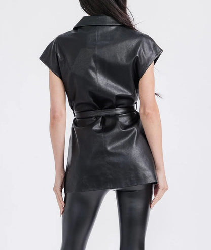 Sleeveless Faux Leather Vest - Black