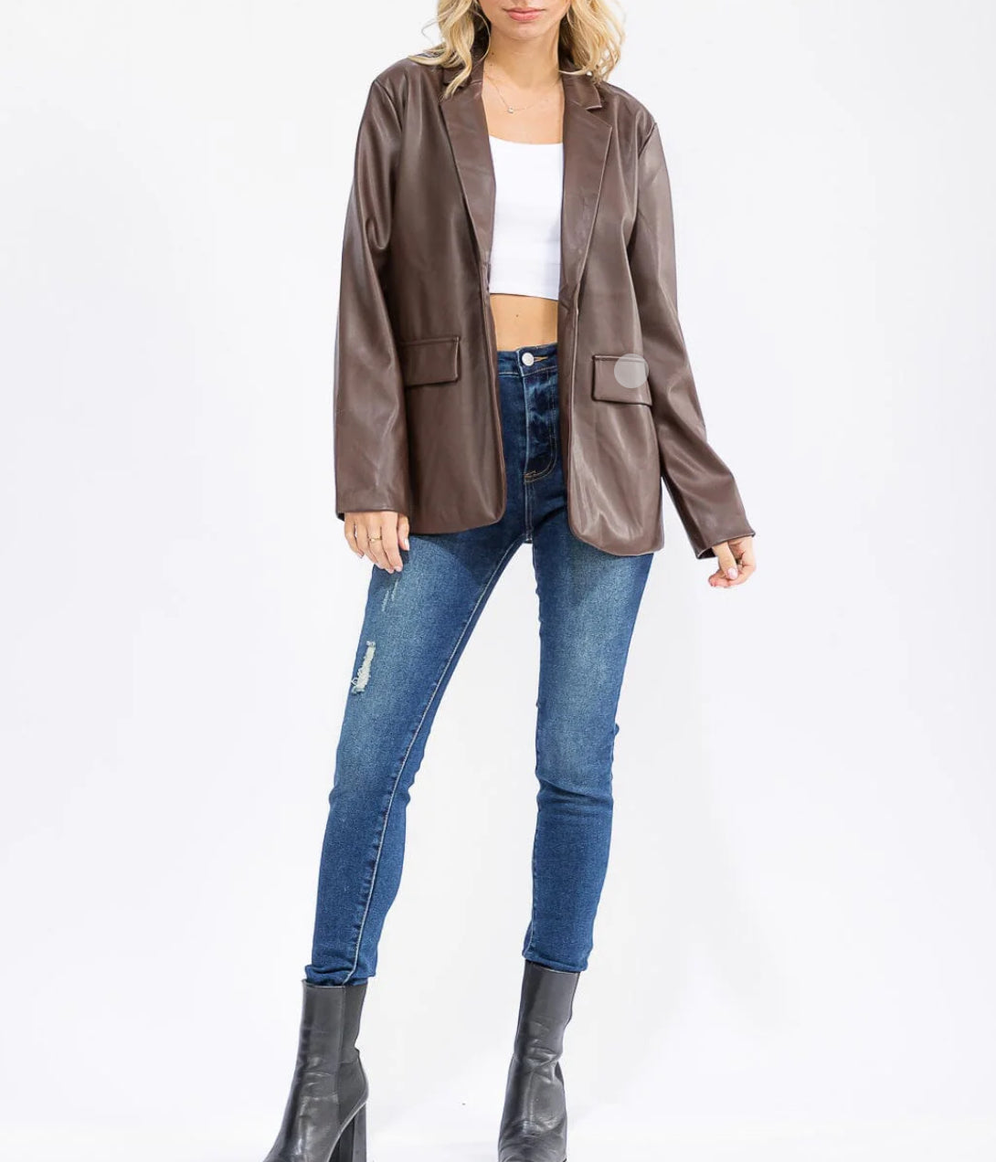 Faux Leather Blazer - Brown