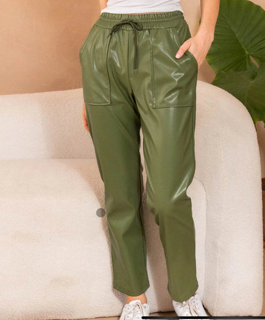Faux Leather Strait Pant - Olive