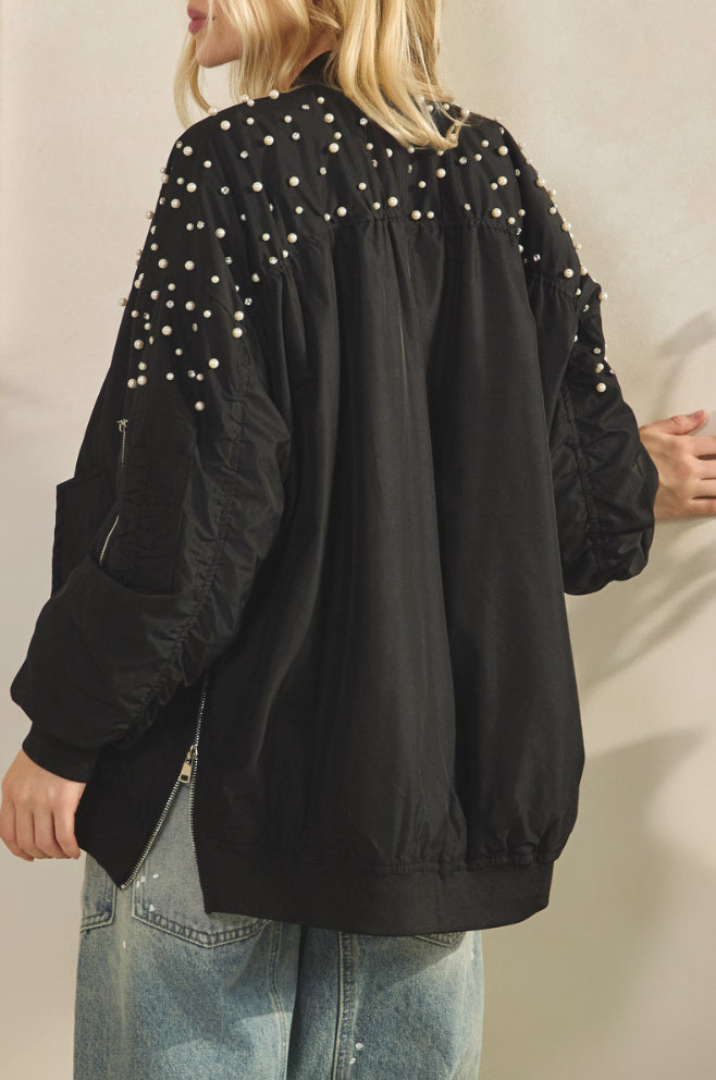 Rhinestone Bomber Jacket - Black