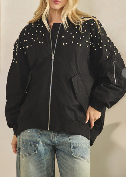 Rhinestone Bomber Jacket - Black
