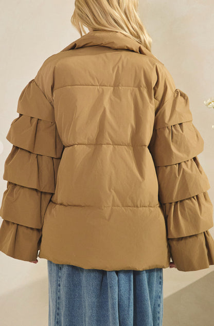 Frill Puff Sleeve Jacket - Khaki