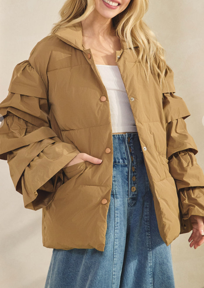 Frill Puff Sleeve Jacket - Khaki