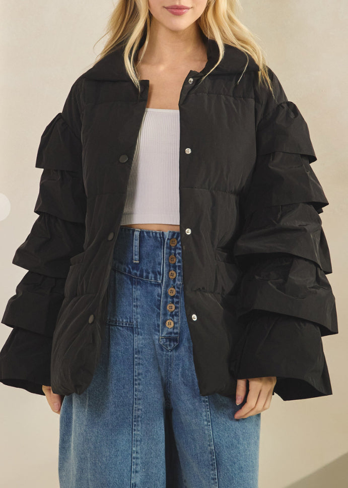 Frill Puff Sleeve Jacket - Black