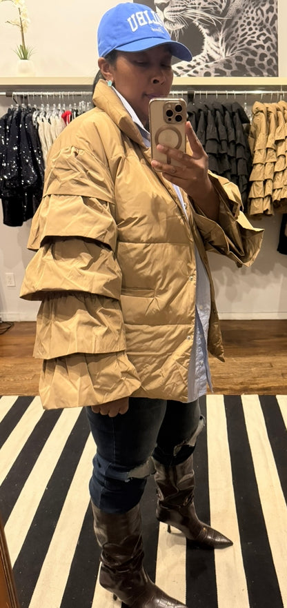 Frill Puff Sleeve Jacket - Khaki