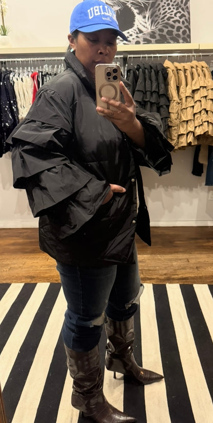 Frill Puff Sleeve Jacket - Black