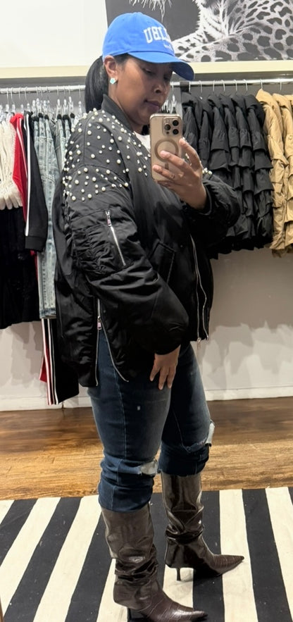 Rhinestone Bomber Jacket - Black